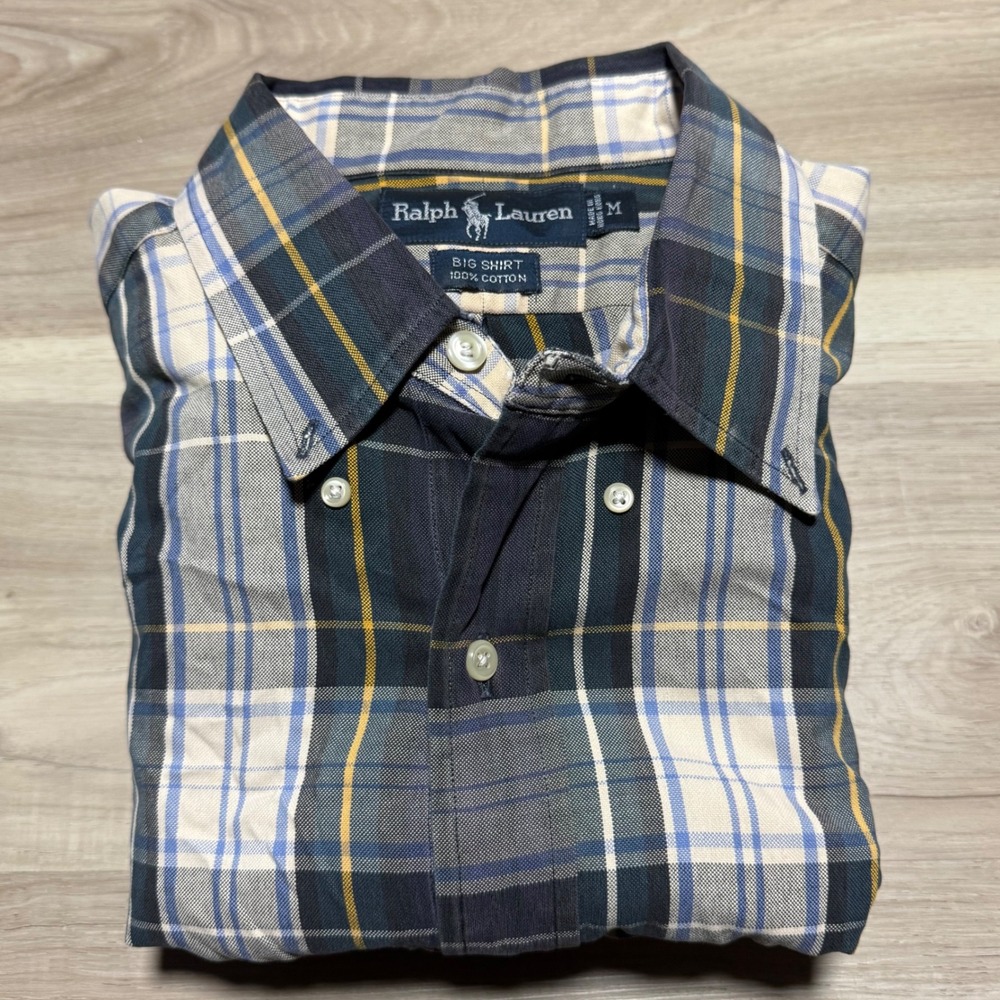 Ralph Lauren Big‎ Shirt Mens M Blue Plaid Cotton Long Sleeve Button Up Pony Logo